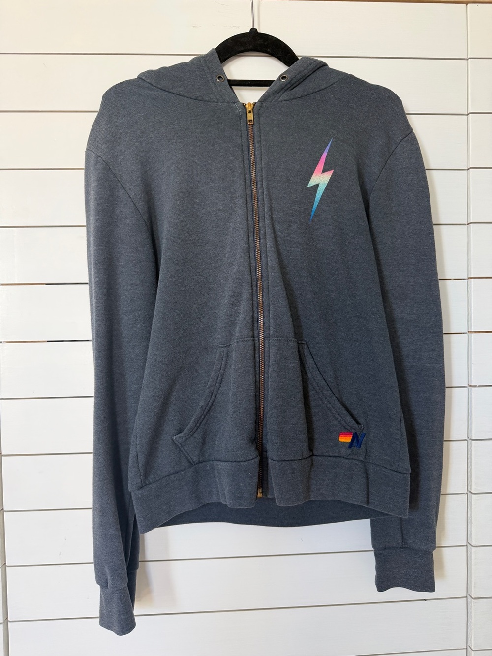 Aviator Nation Charcoal Zip Hoodie with Pastel Rainbow Lightning Bolt